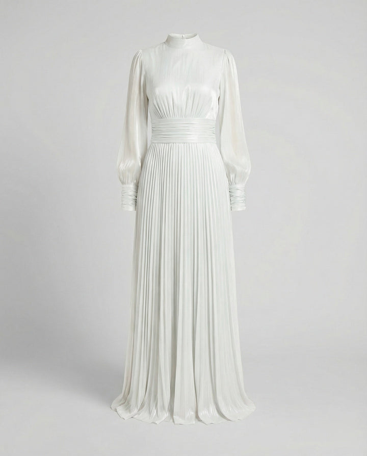Women's Pleated High-Neck Long-Sleeve Maxi Dress