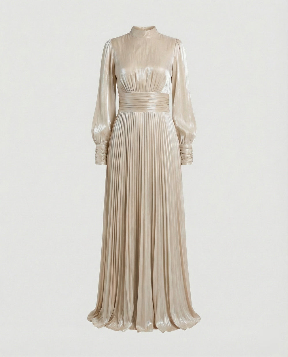 Women's Pleated High-Neck Long-Sleeve Maxi Dress
