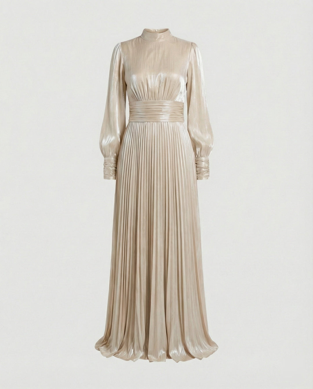 Women's Pleated High-Neck Long-Sleeve Maxi Dress