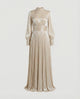 Women's Pleated High-Neck Long-Sleeve Maxi Dress