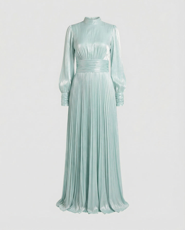 Women's Pleated High-Neck Long-Sleeve Maxi Dress