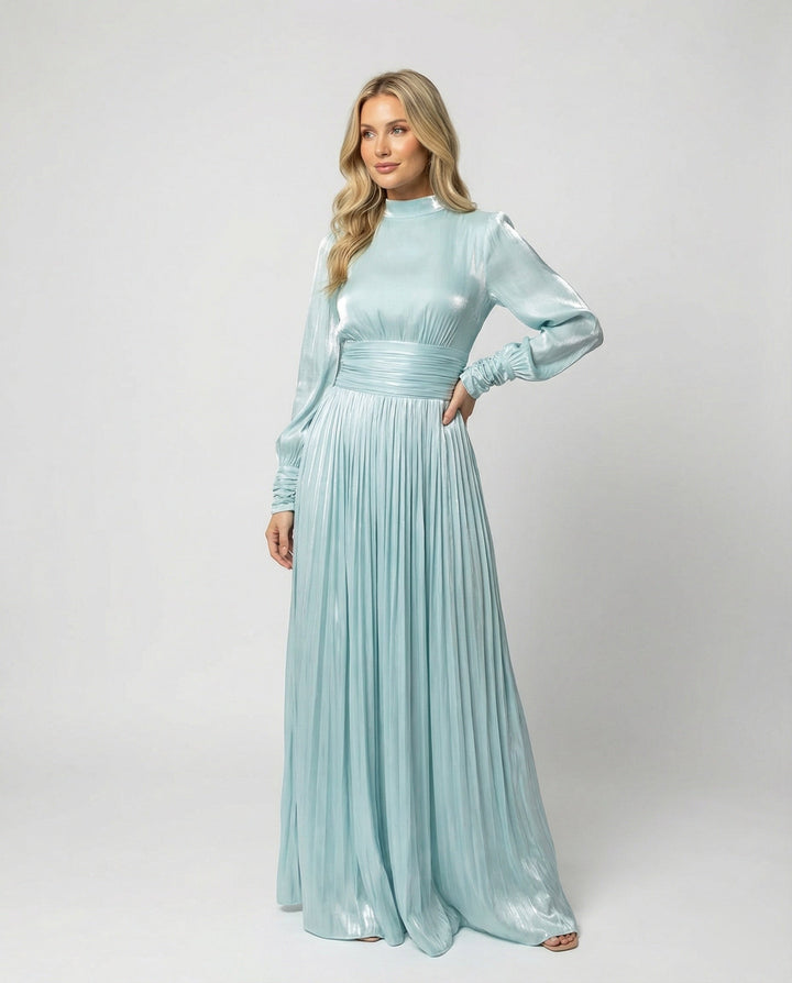 Women's Pleated High-Neck Long-Sleeve Maxi Dress