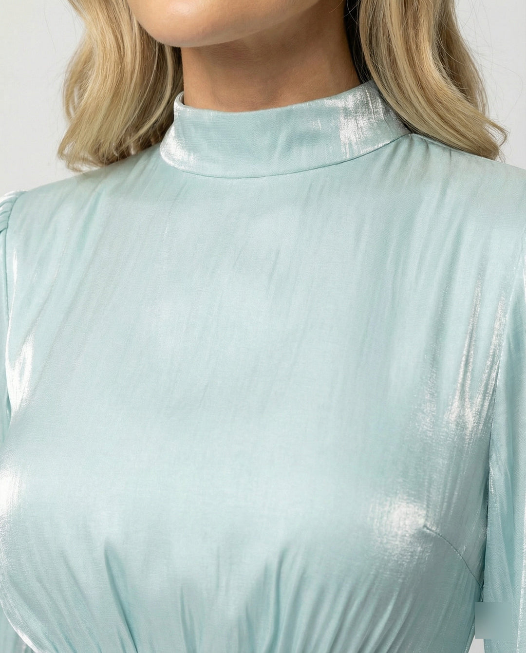 Women's Pleated High-Neck Long-Sleeve Maxi Dress