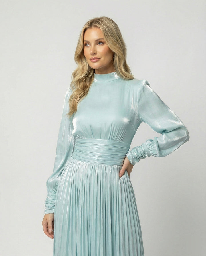 Women's Pleated High-Neck Long-Sleeve Maxi Dress