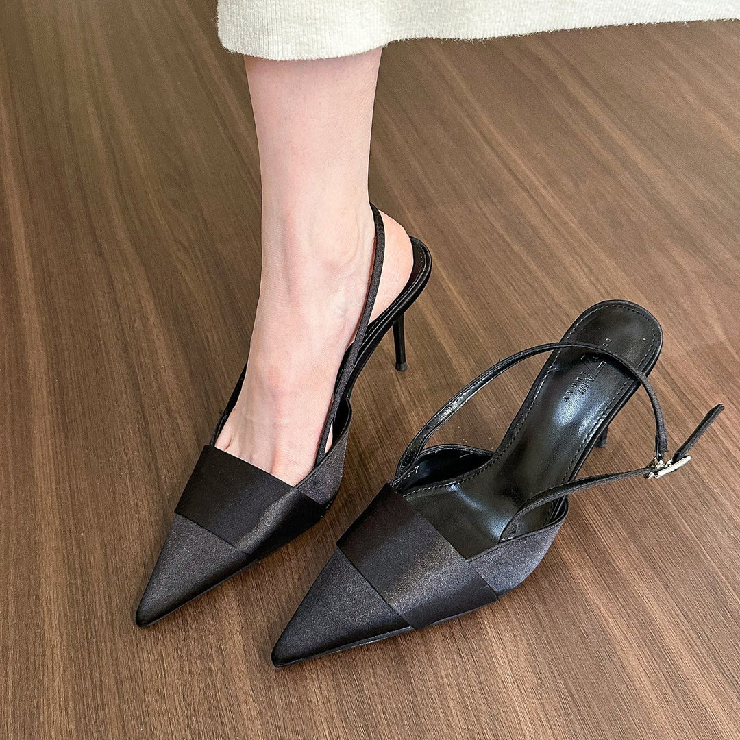 Women's Pointed-Toe Satin Slingback Heels with Buckle Detail