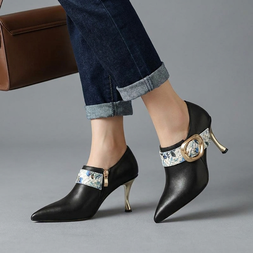 Women's Pointed-Toe Stiletto Pumps with Printed Buckle Strap