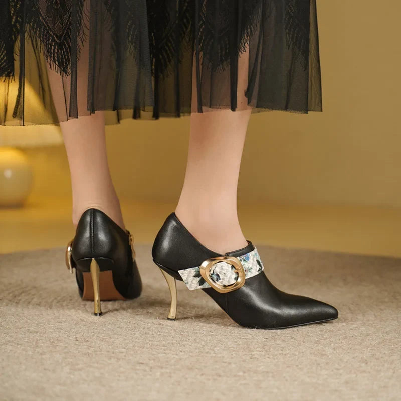 Women's Pointed-Toe Stiletto Pumps with Printed Buckle Strap