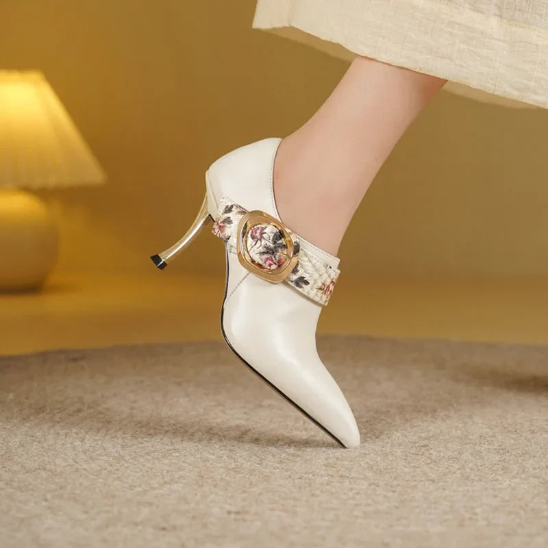 Women's Pointed-Toe Stiletto Pumps with Printed Buckle Strap