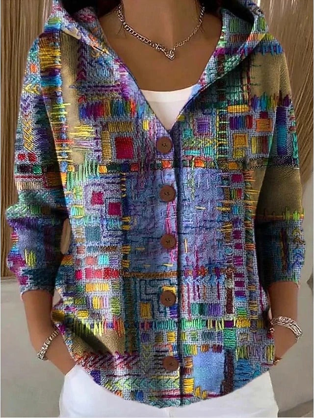 Women's Printed Hooded Button Cardigan