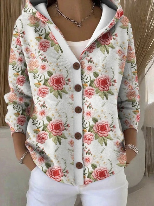 Women's Printed Hooded Button Cardigan