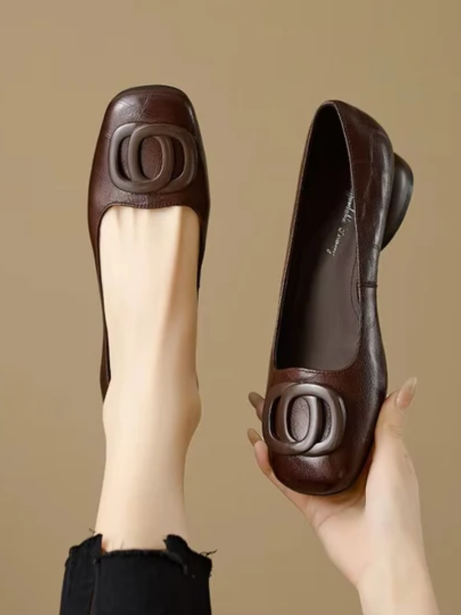 Women's Square-Toe Leather Flats with Ring Detail