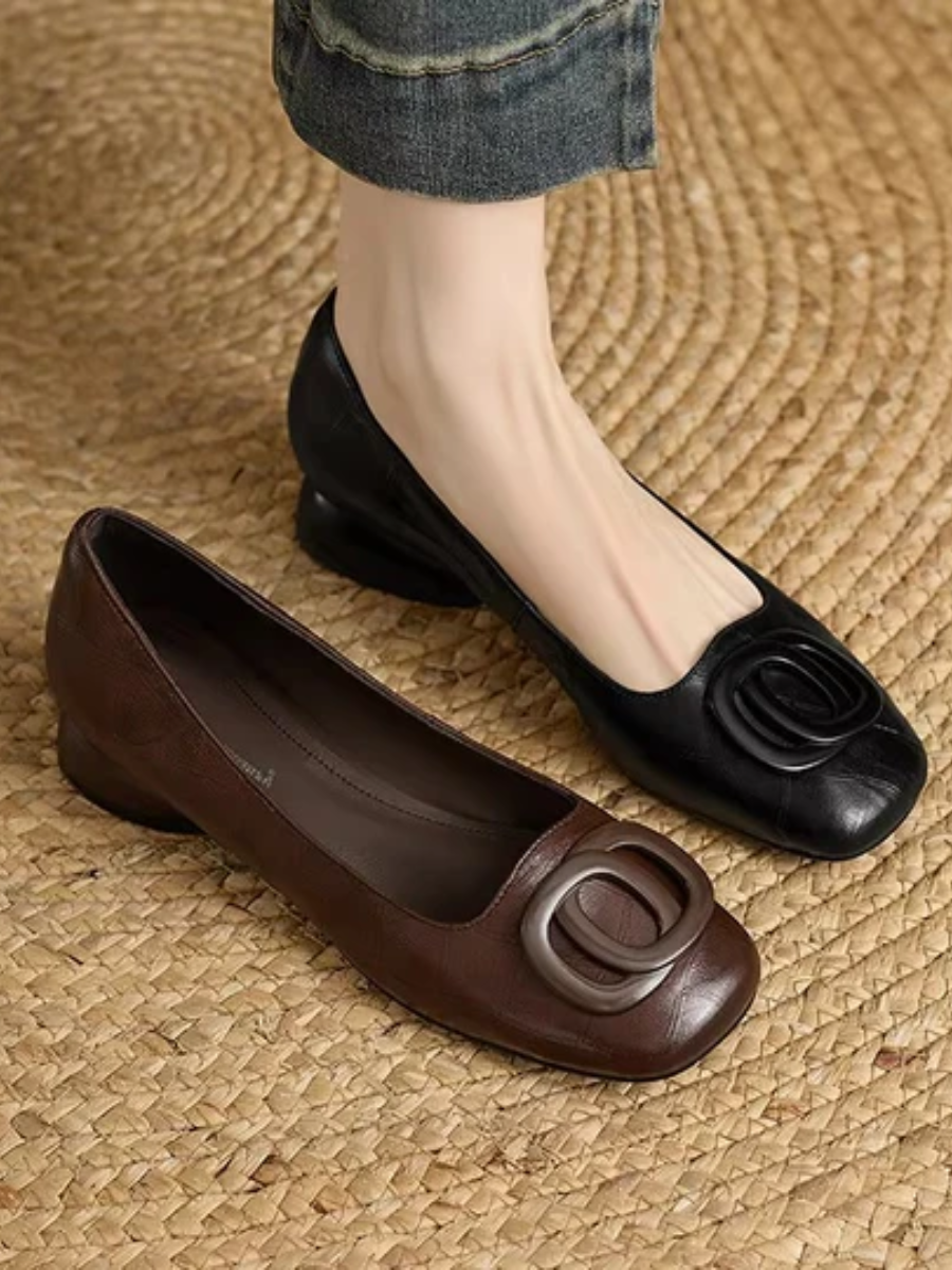 Women's Square-Toe Leather Flats with Ring Detail