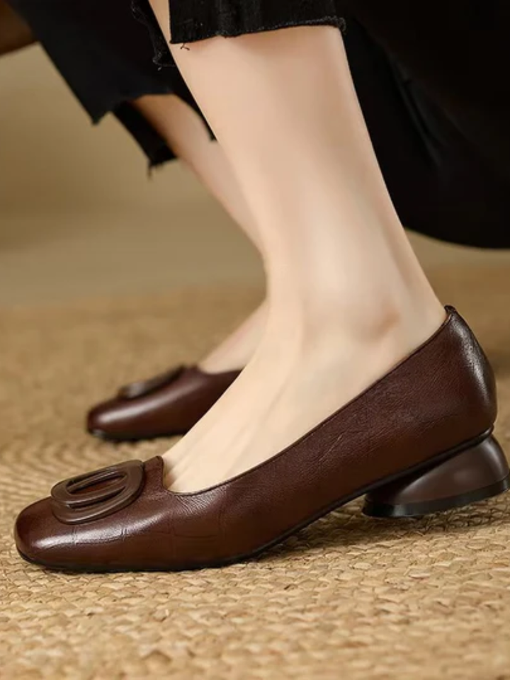 Women's Square-Toe Leather Flats with Ring Detail