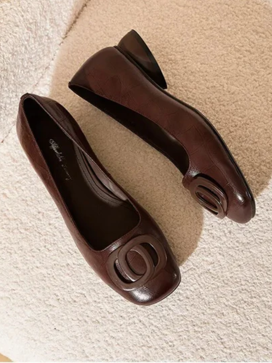 Women's Square-Toe Leather Flats with Ring Detail