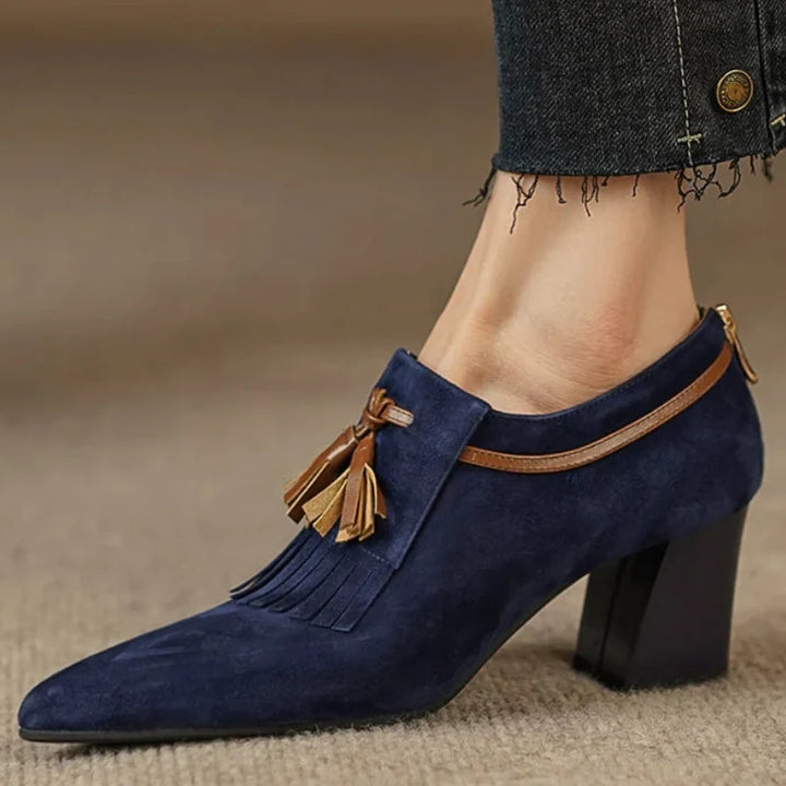 Women's Suede Block Heel Pumps with Fringe Tassel