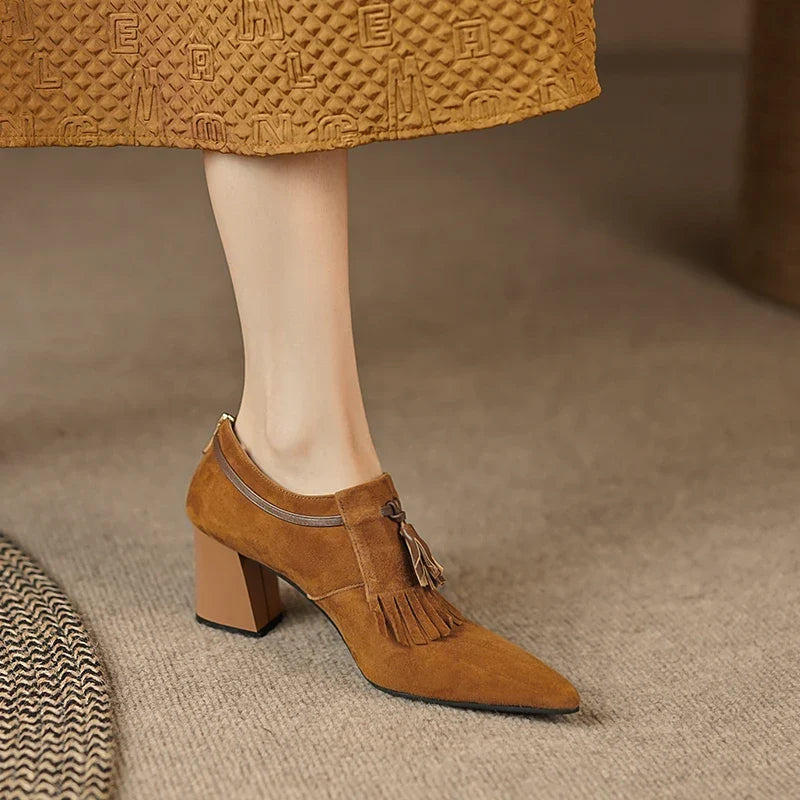 Women's Suede Block Heel Pumps with Fringe Tassel