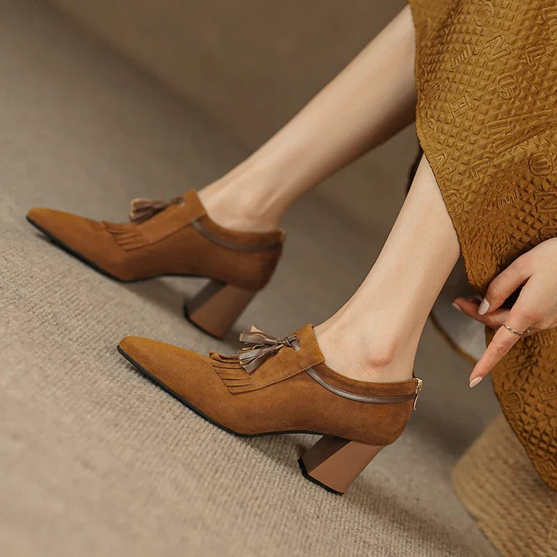 Women's Suede Block Heel Pumps with Fringe Tassel