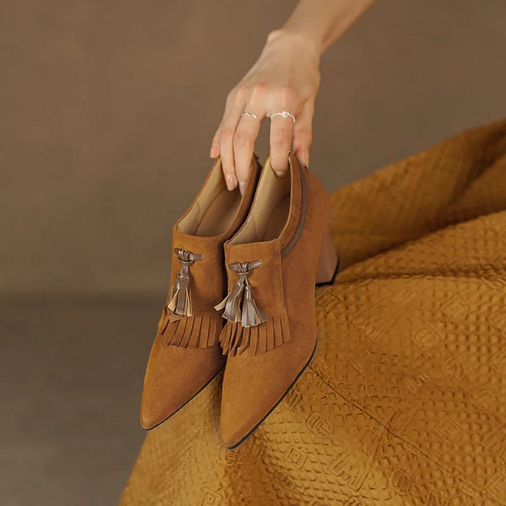 Women's Suede Block Heel Pumps with Fringe Tassel