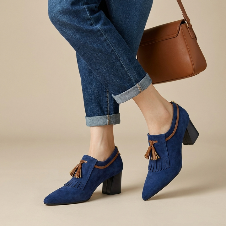Women's Suede Block Heel Pumps with Fringe Tassel