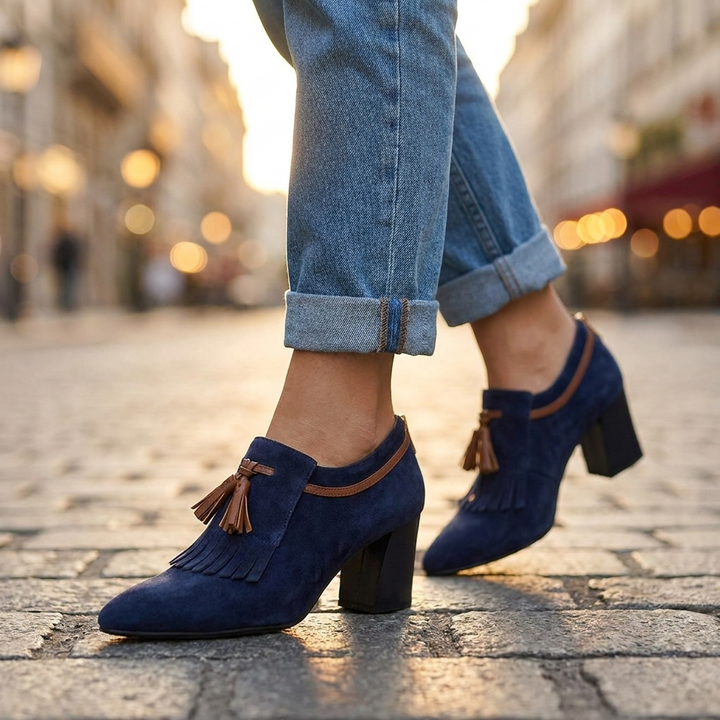 Women's Suede Block Heel Pumps with Fringe Tassel