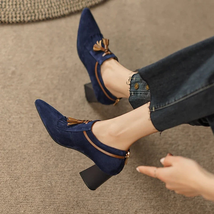Women's Suede Block Heel Pumps with Fringe Tassel