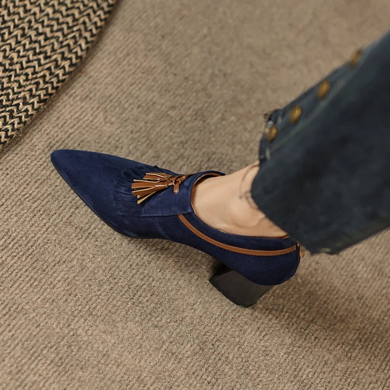 Women's Suede Block Heel Pumps with Fringe Tassel