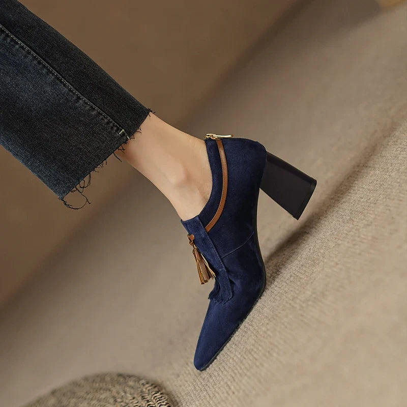 Women's Suede Block Heel Pumps with Fringe Tassel