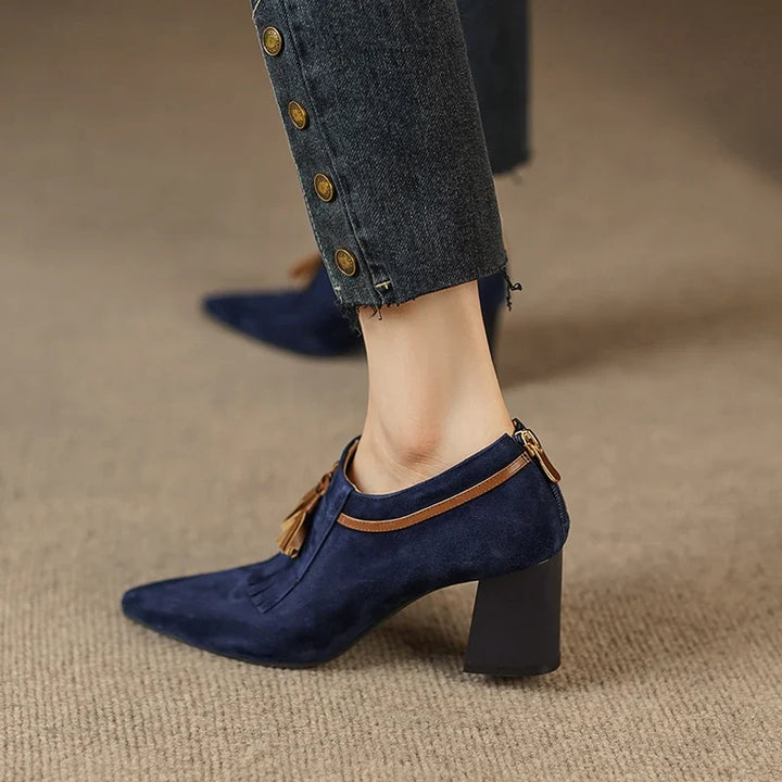 Women's Suede Block Heel Pumps with Fringe Tassel