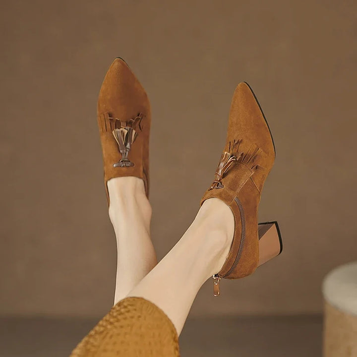 Women's Suede Block Heel Pumps with Fringe Tassel