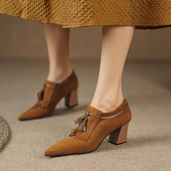 Women's Suede Block Heel Pumps with Fringe Tassel