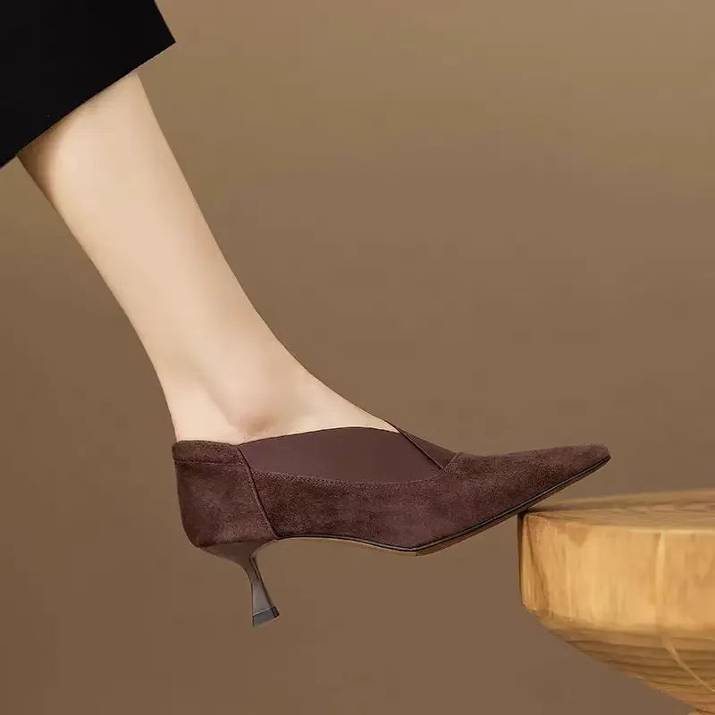 Women's Suede-Look Kitten Heel Pumps with V-Cut Vamp
