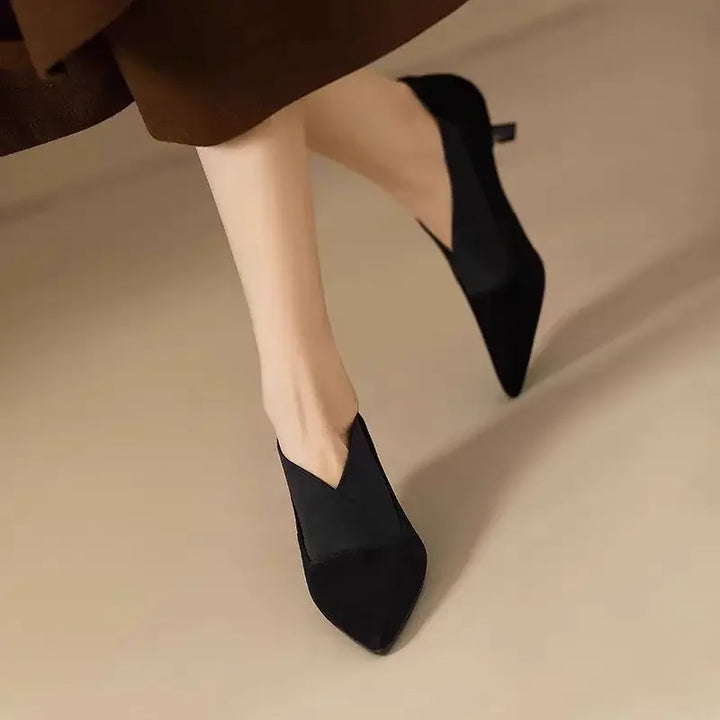 Women's Suede-Look Kitten Heel Pumps with V-Cut Vamp