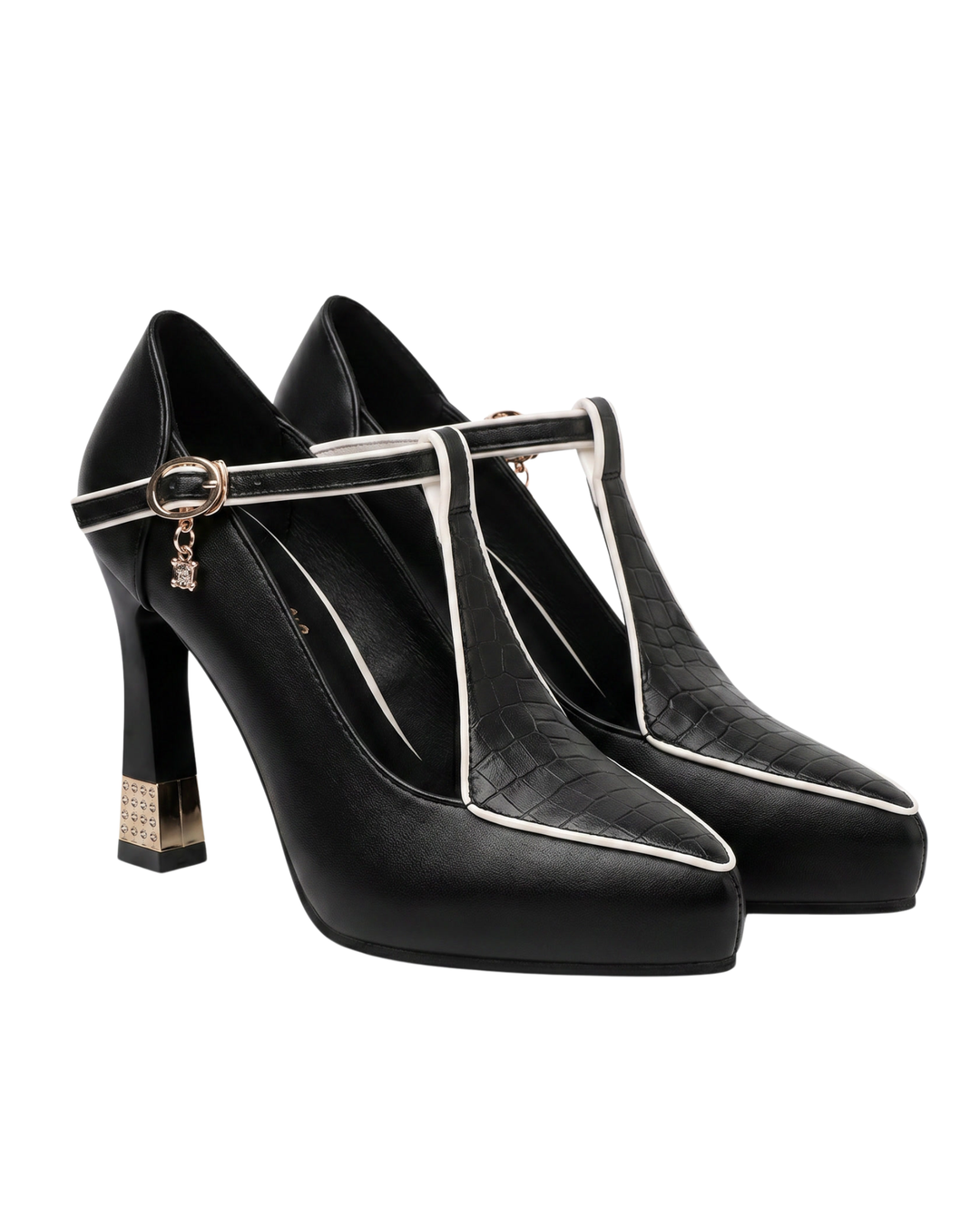Women's T-Strap Block Heel Pumps with Croc-Embossed Detail