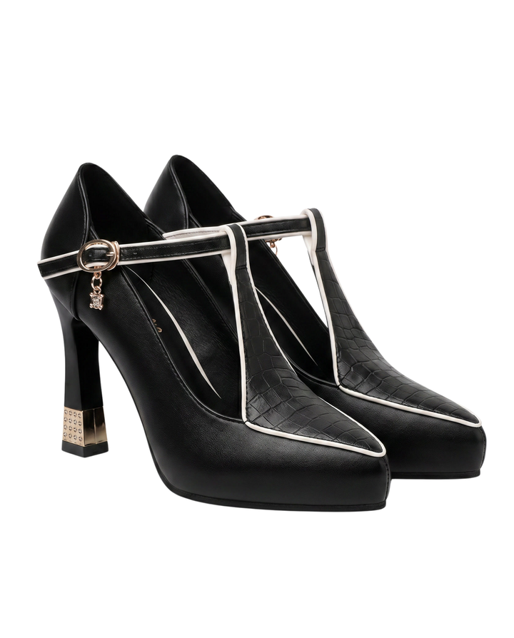 Women's T-Strap Block Heel Pumps with Croc-Embossed Detail