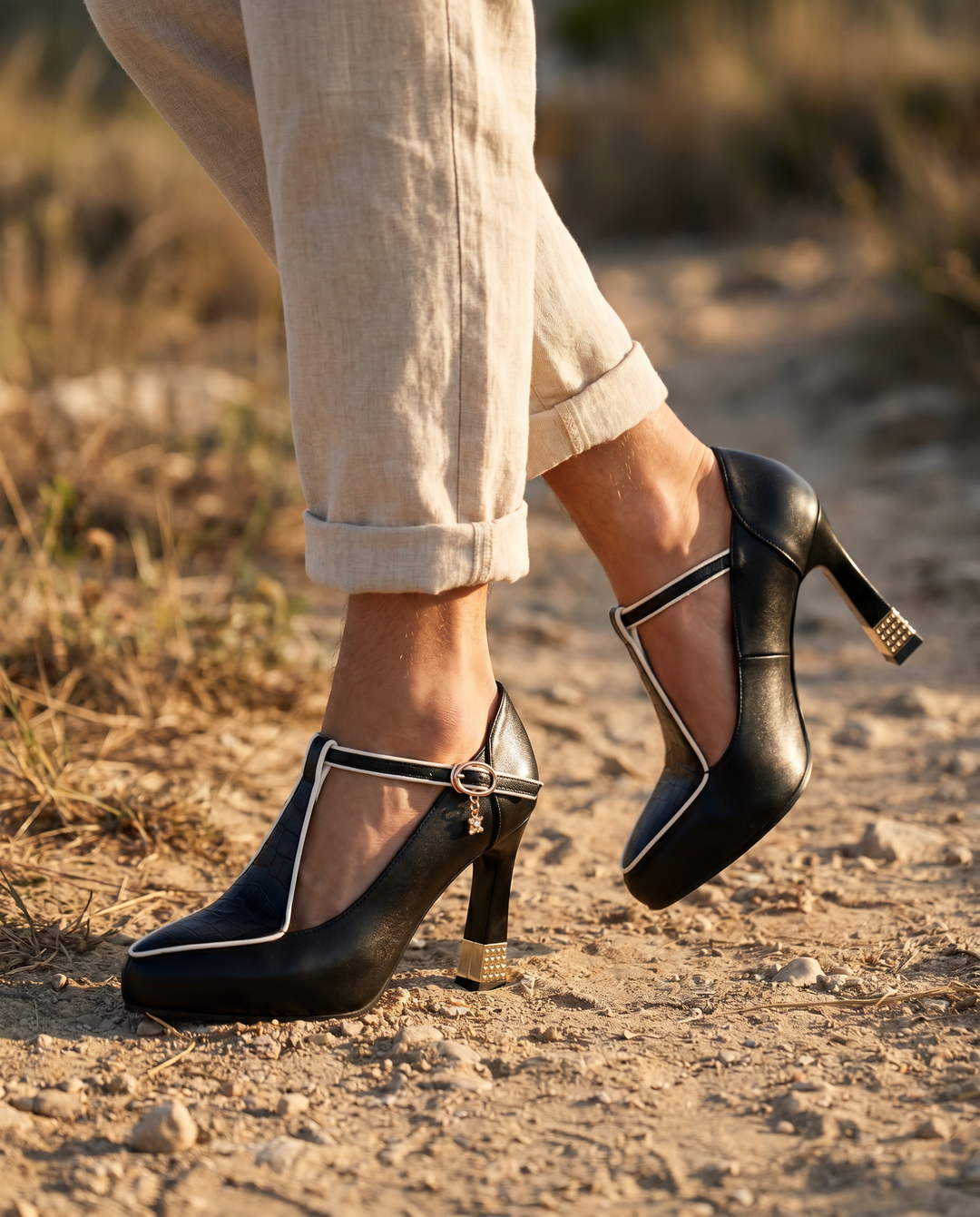 Women's T-Strap Block Heel Pumps with Croc-Embossed Detail