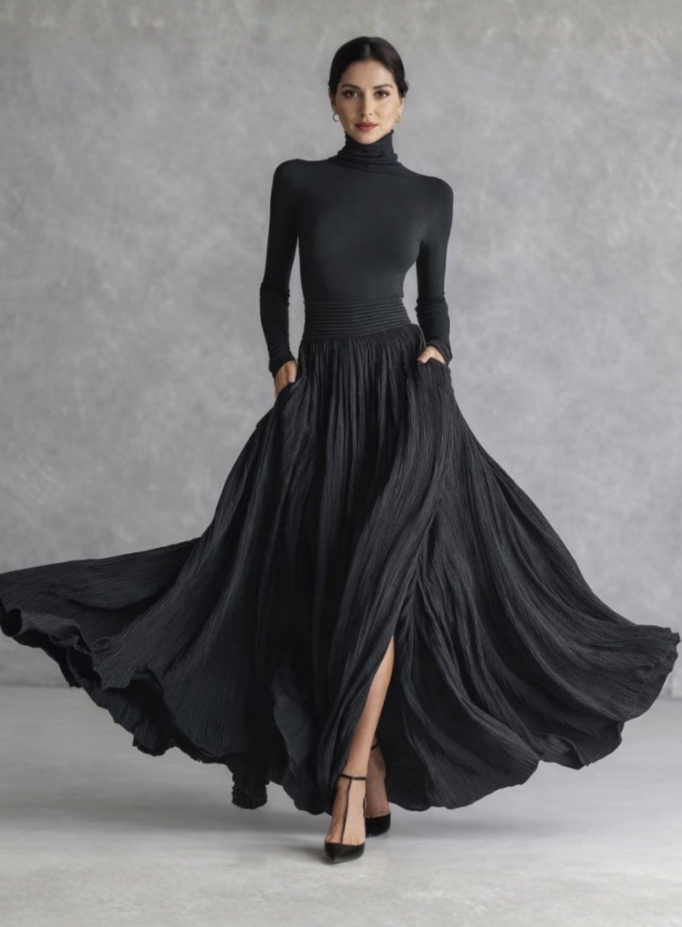 Women's Turtleneck Long-Sleeve Pleated Maxi Dress with Pockets