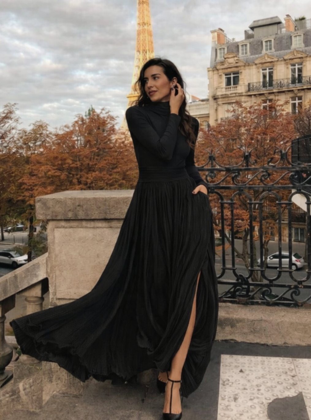 Women's Turtleneck Long-Sleeve Pleated Maxi Dress with Pockets