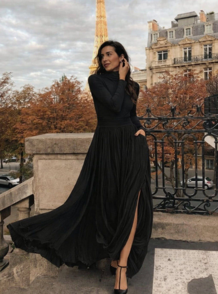 Women's Turtleneck Long-Sleeve Pleated Maxi Dress with Pockets