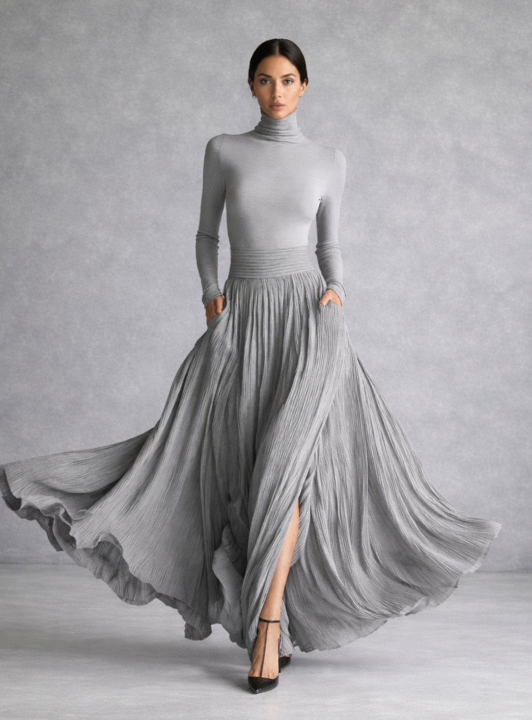 Women's Turtleneck Long-Sleeve Pleated Maxi Dress with Pockets