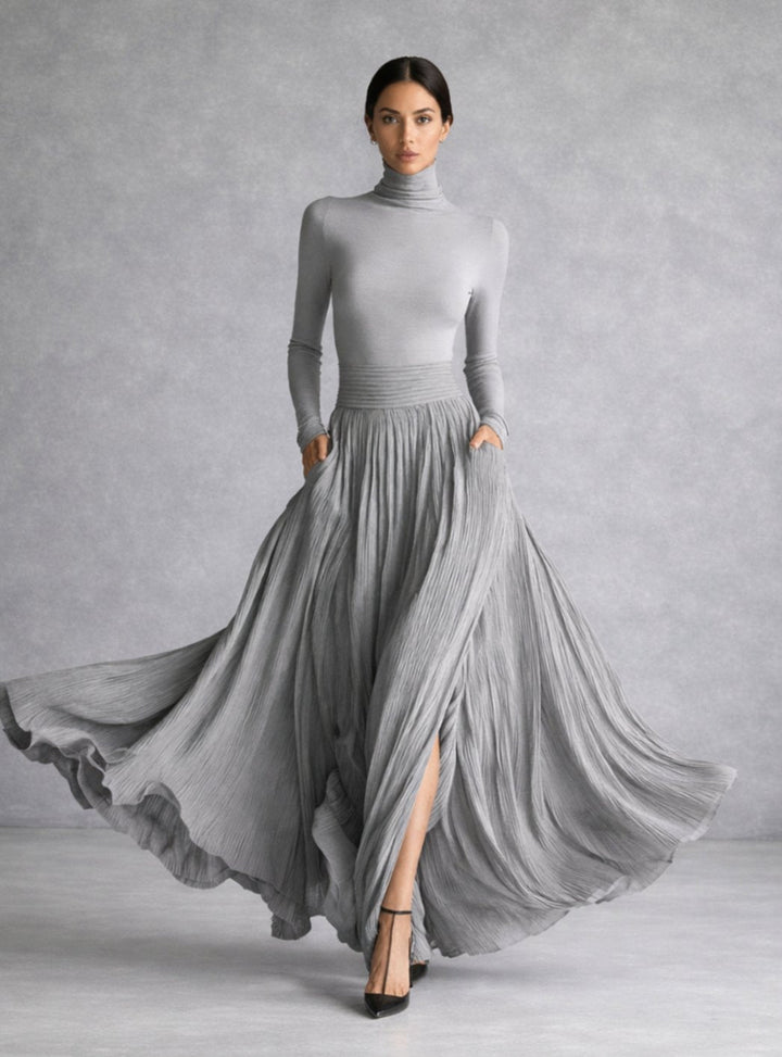 Women's Turtleneck Long-Sleeve Pleated Maxi Dress with Pockets