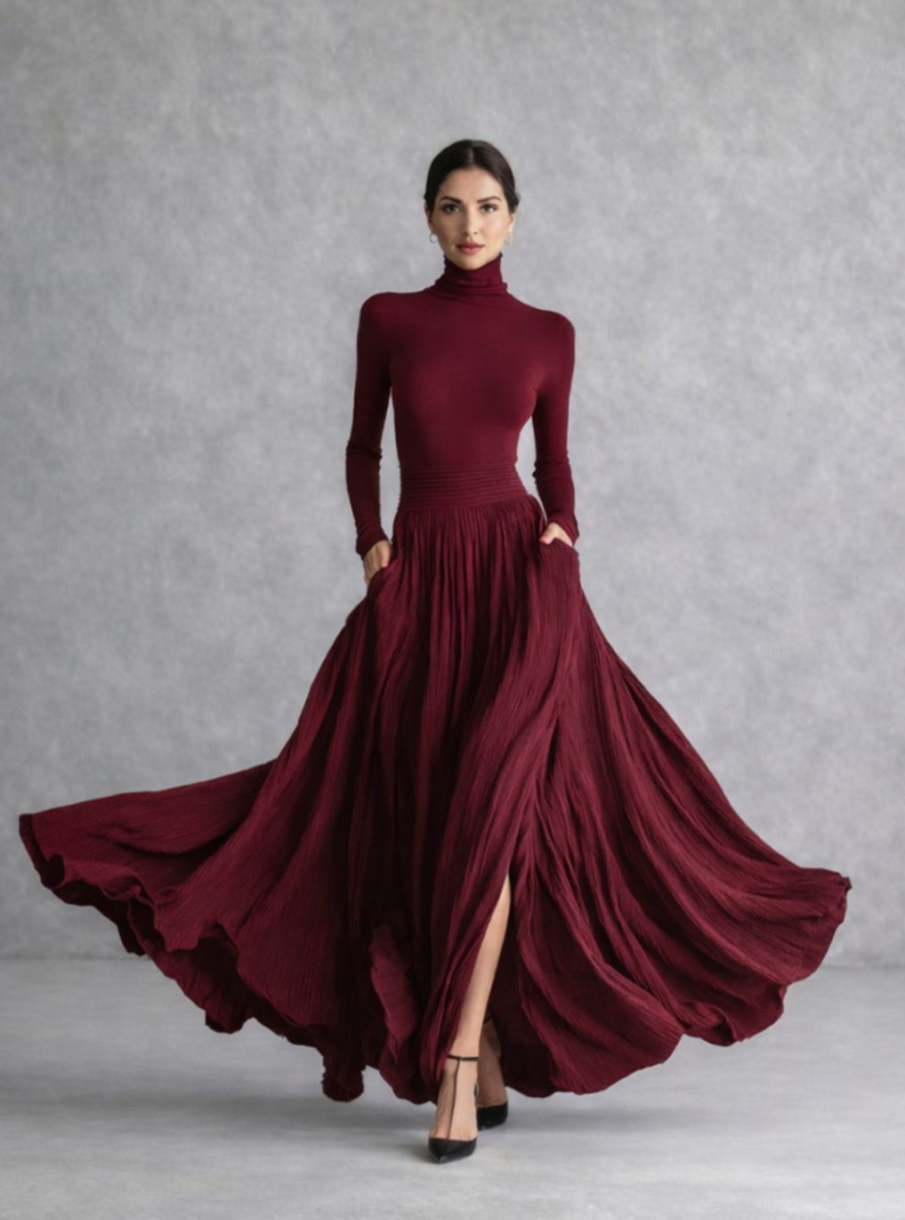 Women's Turtleneck Long-Sleeve Pleated Maxi Dress with Pockets