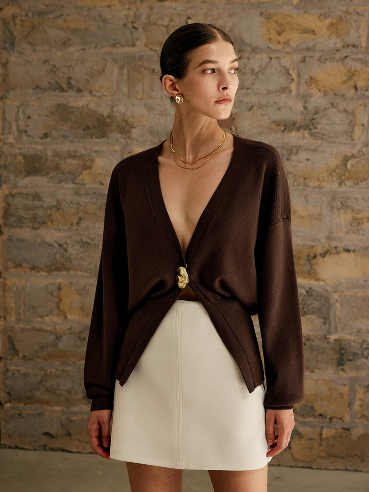 Women's V-Neck Knit Cardigan with Statement Gold Button