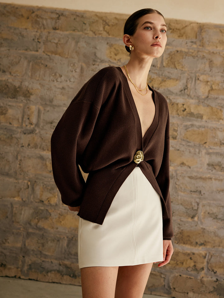 Women's V-Neck Knit Cardigan with Statement Gold Button