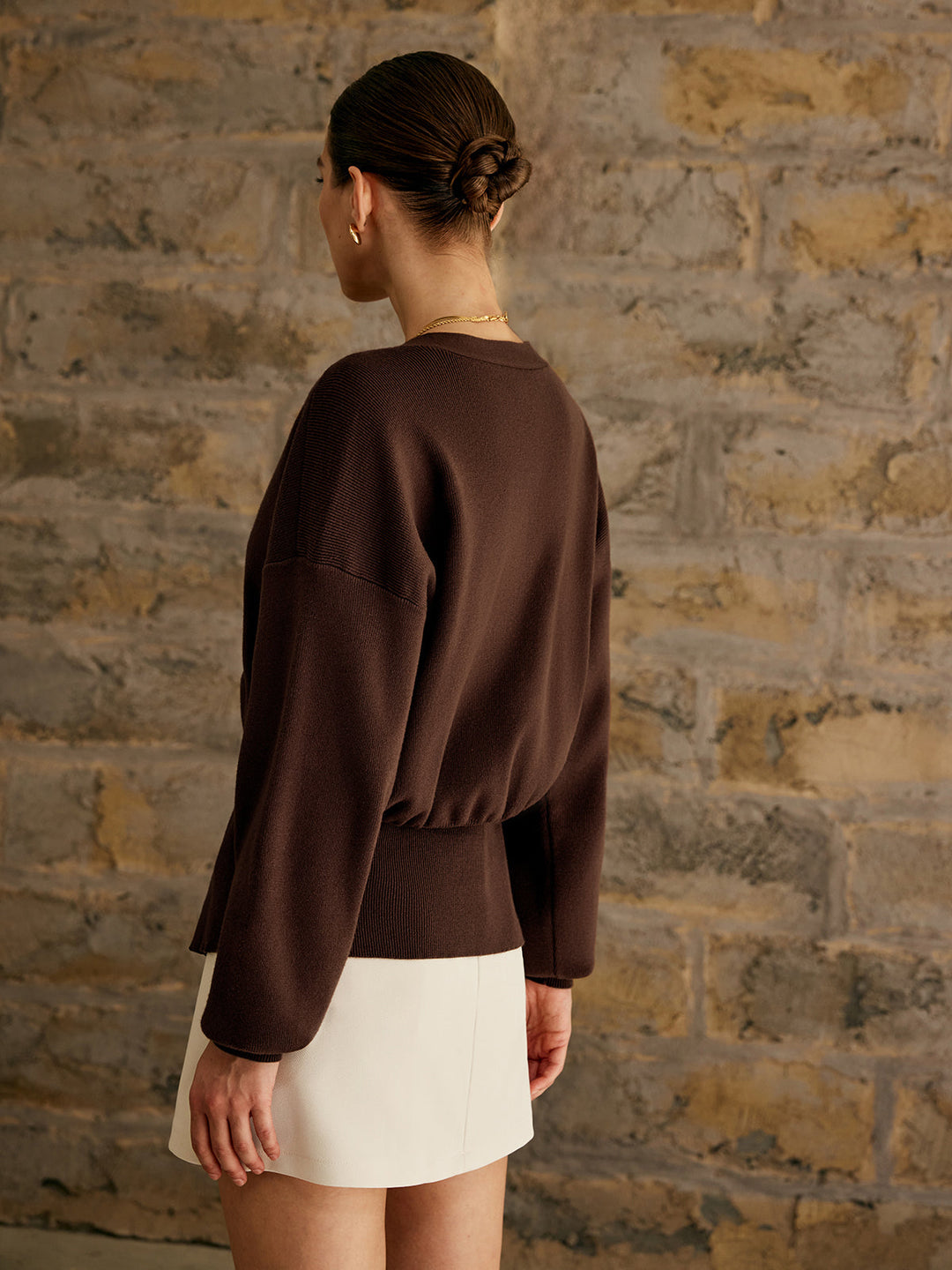 Women's V-Neck Knit Cardigan with Statement Gold Button