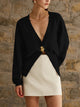 Women's V-Neck Knit Cardigan with Statement Gold Button