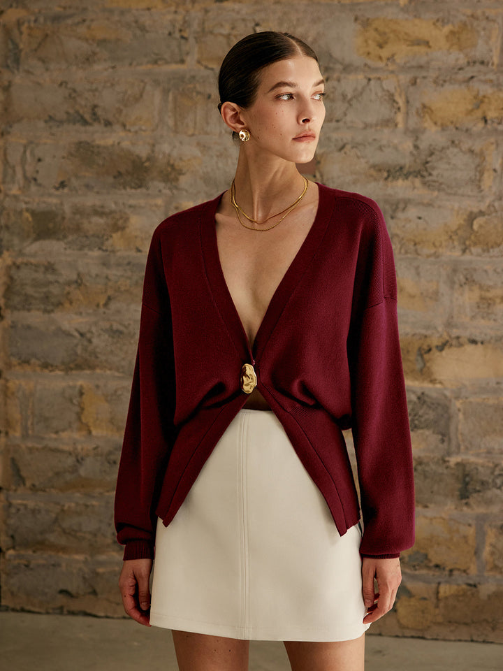 Women's V-Neck Knit Cardigan with Statement Gold Button