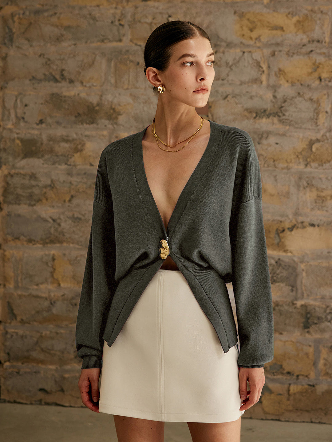 Women's V-Neck Knit Cardigan with Statement Gold Button