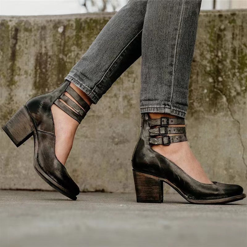 Women's Vintage Triple-Strap Block Heel Pumps