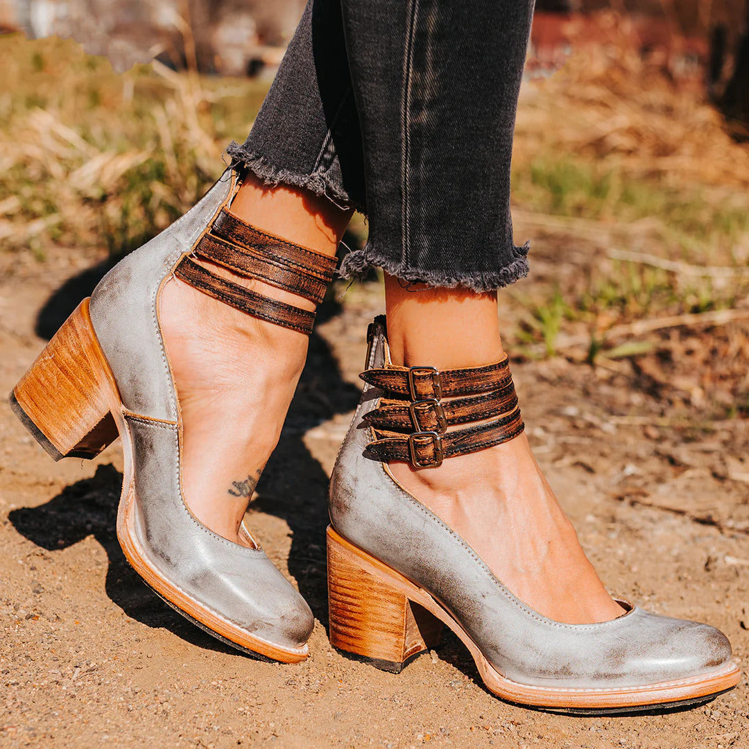 Women's Vintage Triple-Strap Block Heel Pumps
