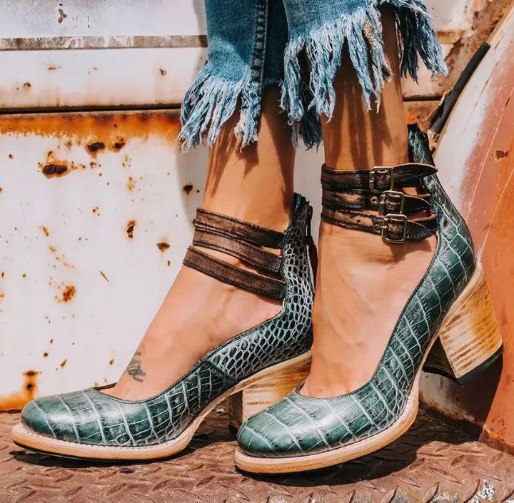 Women's Vintage Triple-Strap Block Heel Pumps